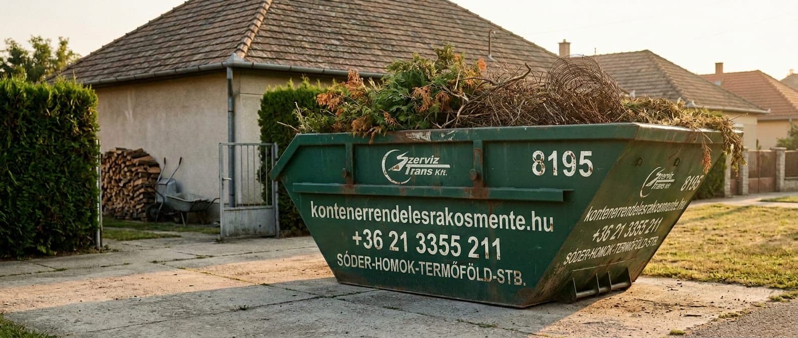 Zöld konténer egy rákosmenti kertes ház behajtóján, zöldhulladékkal megrakva — konténer rendelés a XVII. kerületben